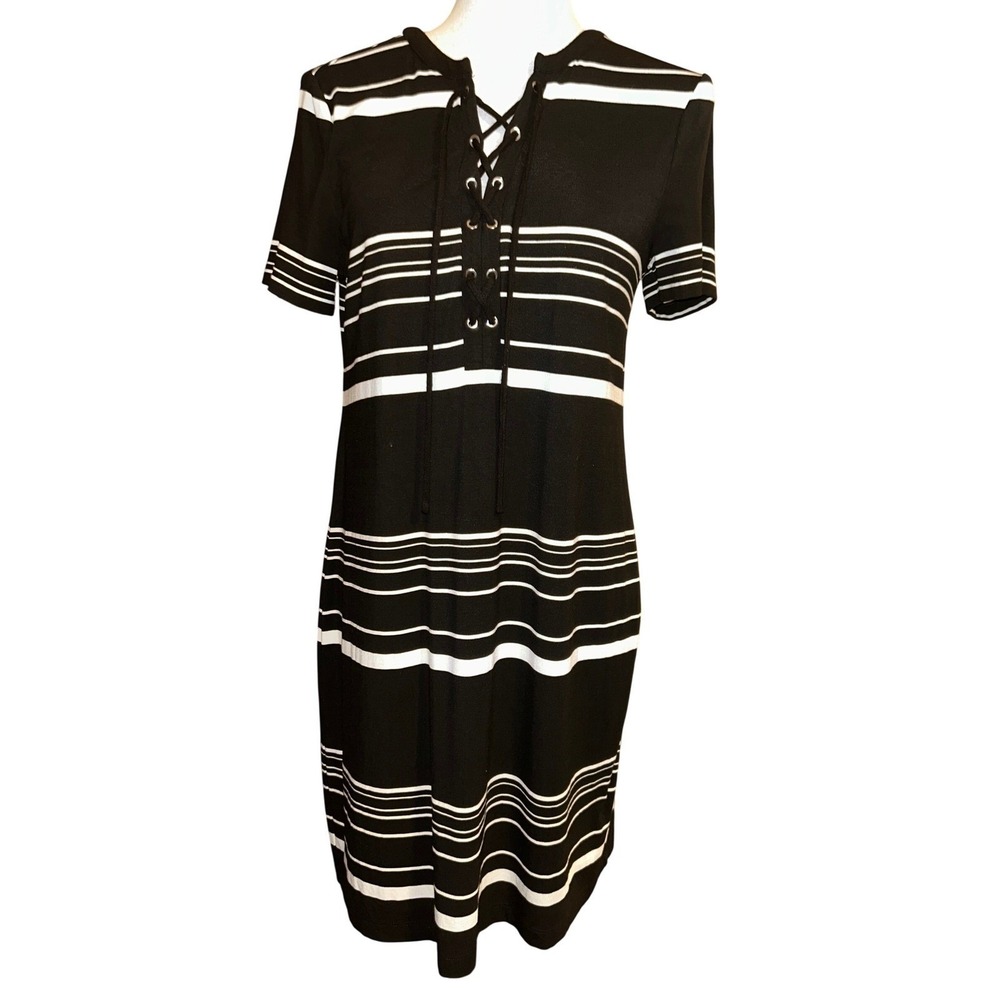 White House Black Market‎ Black White Striped Lace Up Shift Dress Womens Medium - Picture 2 of 7